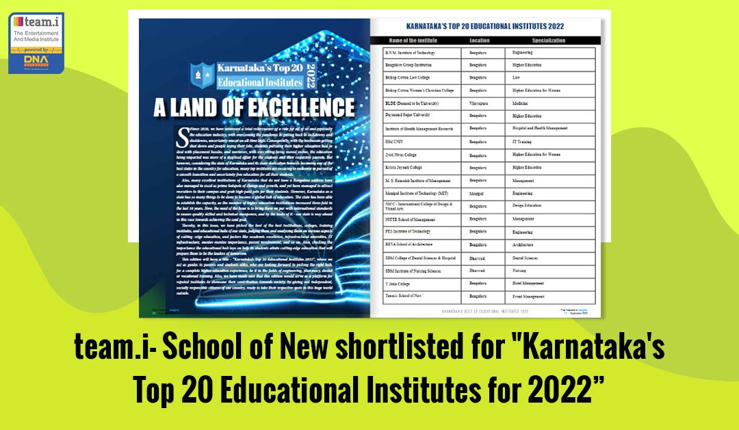 team.i- School Of New Shortlisted For “Karnataka’s Top 20 Educational Institutes for 2022”